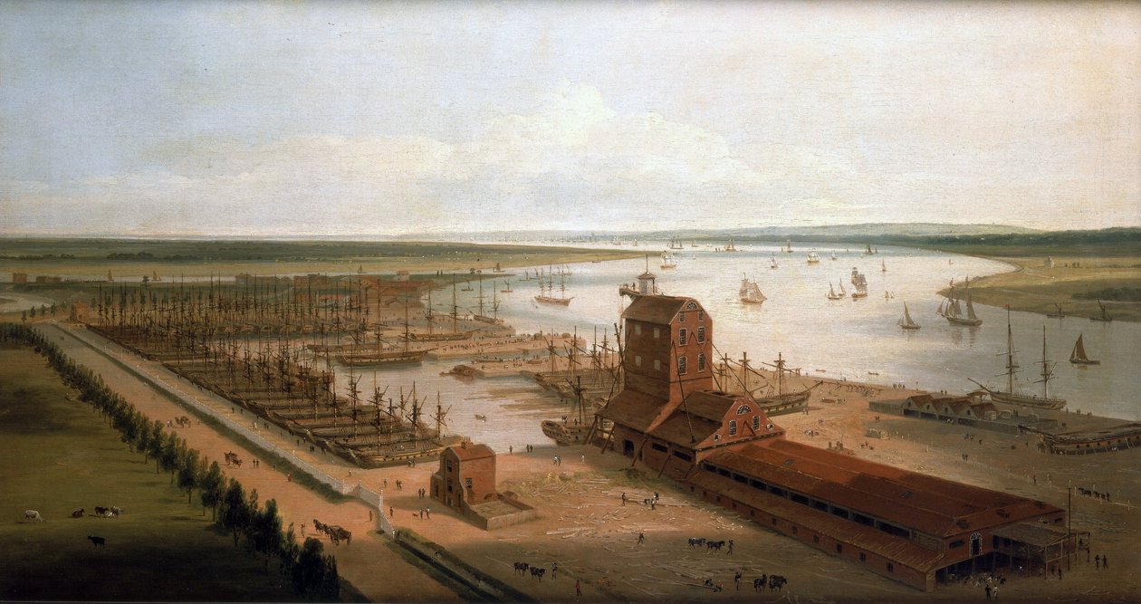 Die Perry-Werften (damals Green) an den Brunswick-Docks und das Blackwall-Gebäude, eine Mastfabrik, entlang der Themse (England) von William Daniell