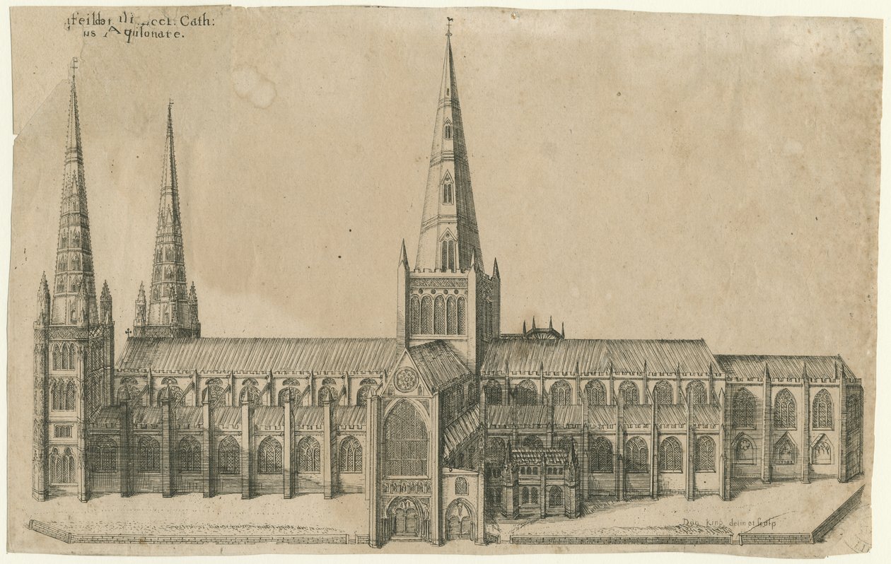 Lichfield Kathedrale - Südansicht: Kupferstich, undatiert [?Mitte 17. Jahrhundert] von William Dugdale