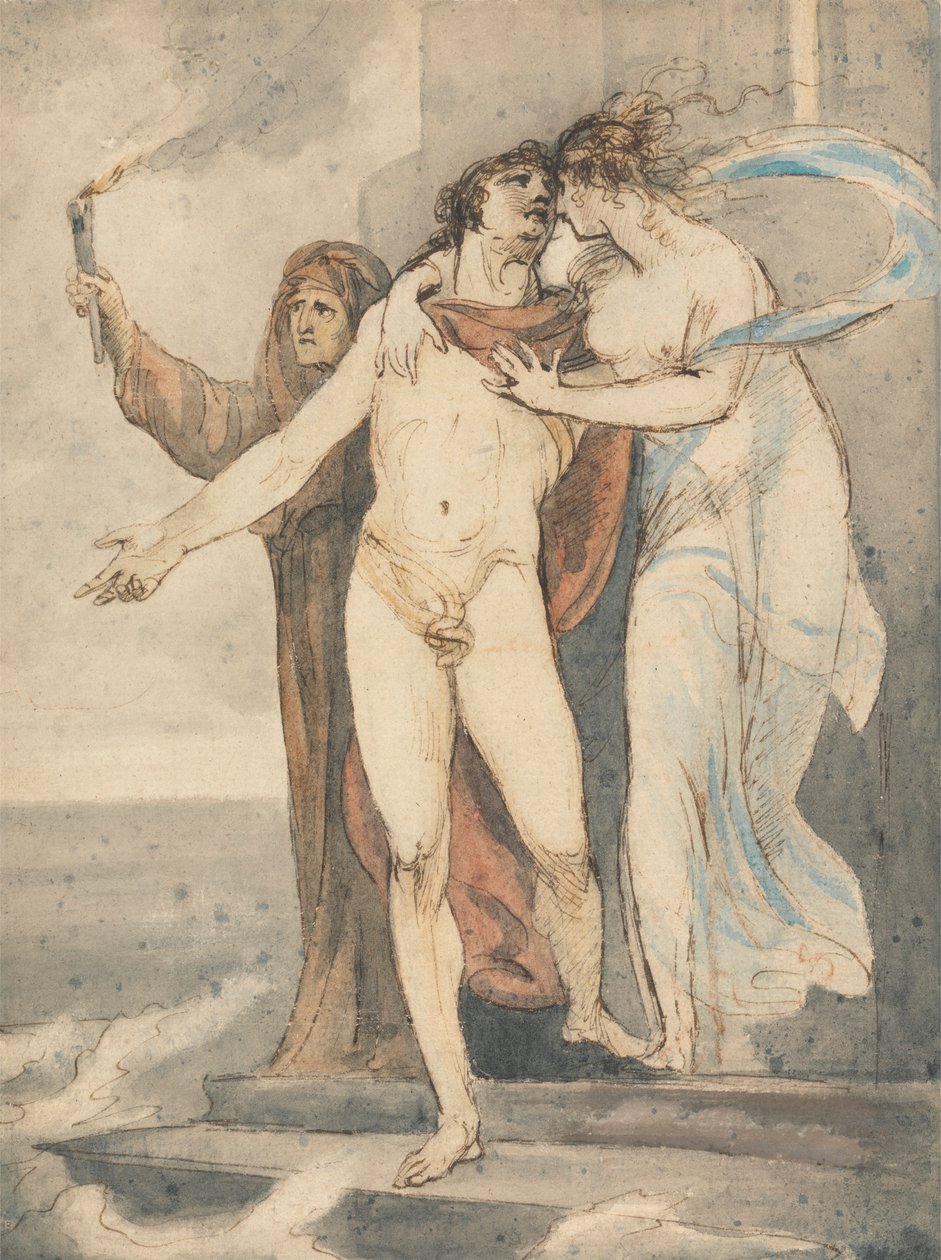 Leander verabschiedet sich von Hero, bevor er zurück über den Hellespont schwimmt von William Hamilton