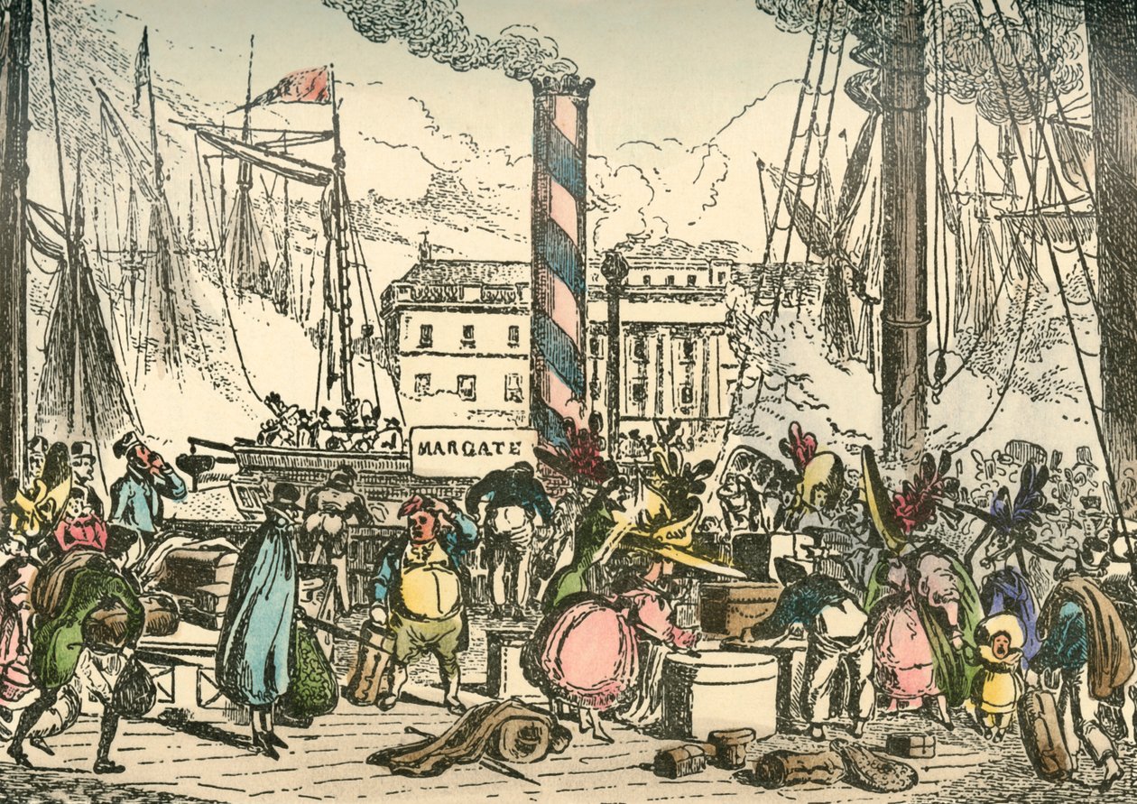 An Bord des Margate-Dampfschiffs am London Bridges Wharf, 1838 von William Heath