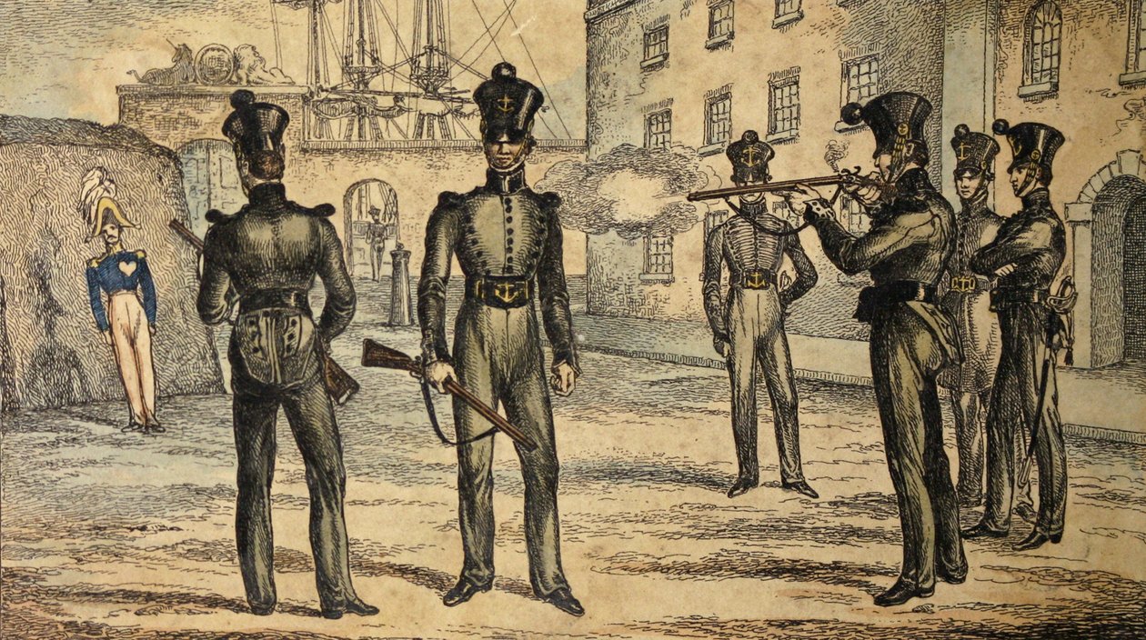 Marine-Schützen beim Üben auf eine schwingende Zielscheibe, ca. 1835 (handkolorierte Radierung) von William Heath