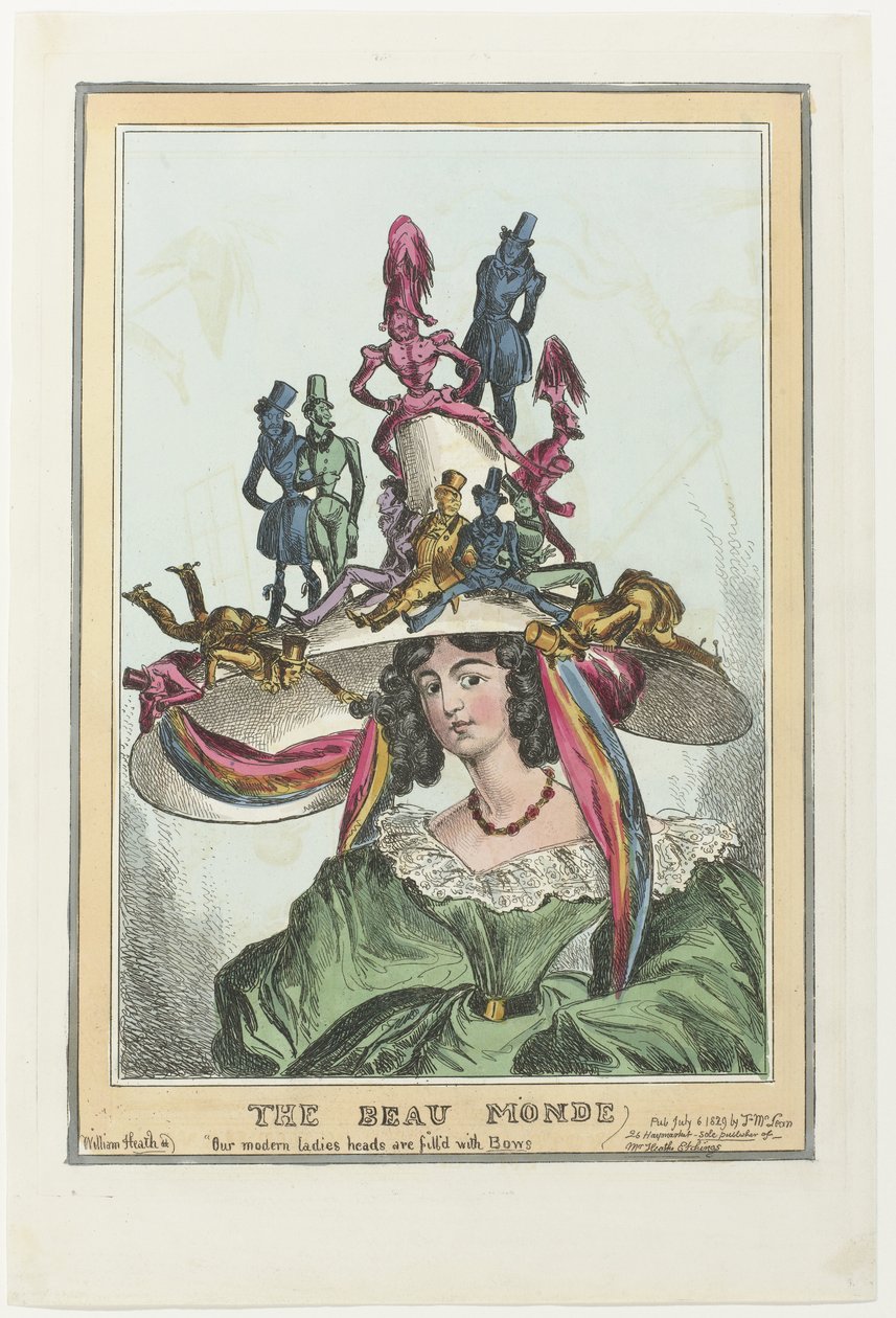 Frau mit großem Hut, auf dem männliche Figuren sitzen von William Heath