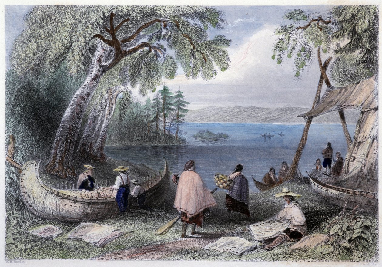 Kanu-Bau auf den Pappers-Inseln in der Nähe des Ottawa-Flusses - in „Canadian Scenery Illustrated“ von Bartlett W. H. von William Henry Bartlett