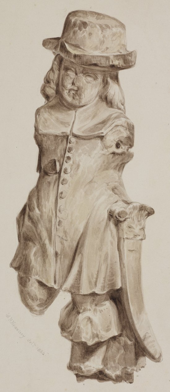 Geschnitzte Figur aus Eiche, einst im Türrahmen des Hauses auf dem Gelände der Boars Head Tavern, Eastcheap, 1834 von William Henry Kearney