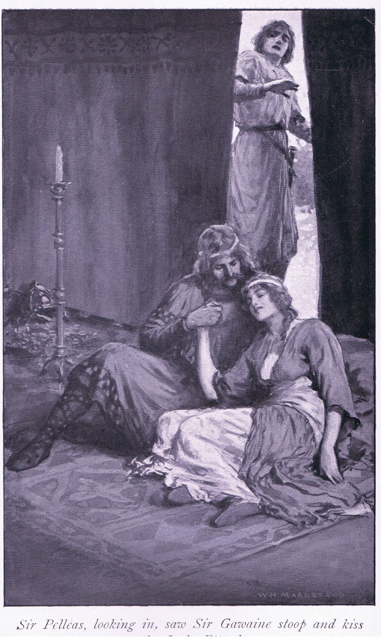 Sir Pelleas, der hineinschaut, sah Sir Gawaine sich bücken und die Dame Ettard küssen von William Henry Margetson