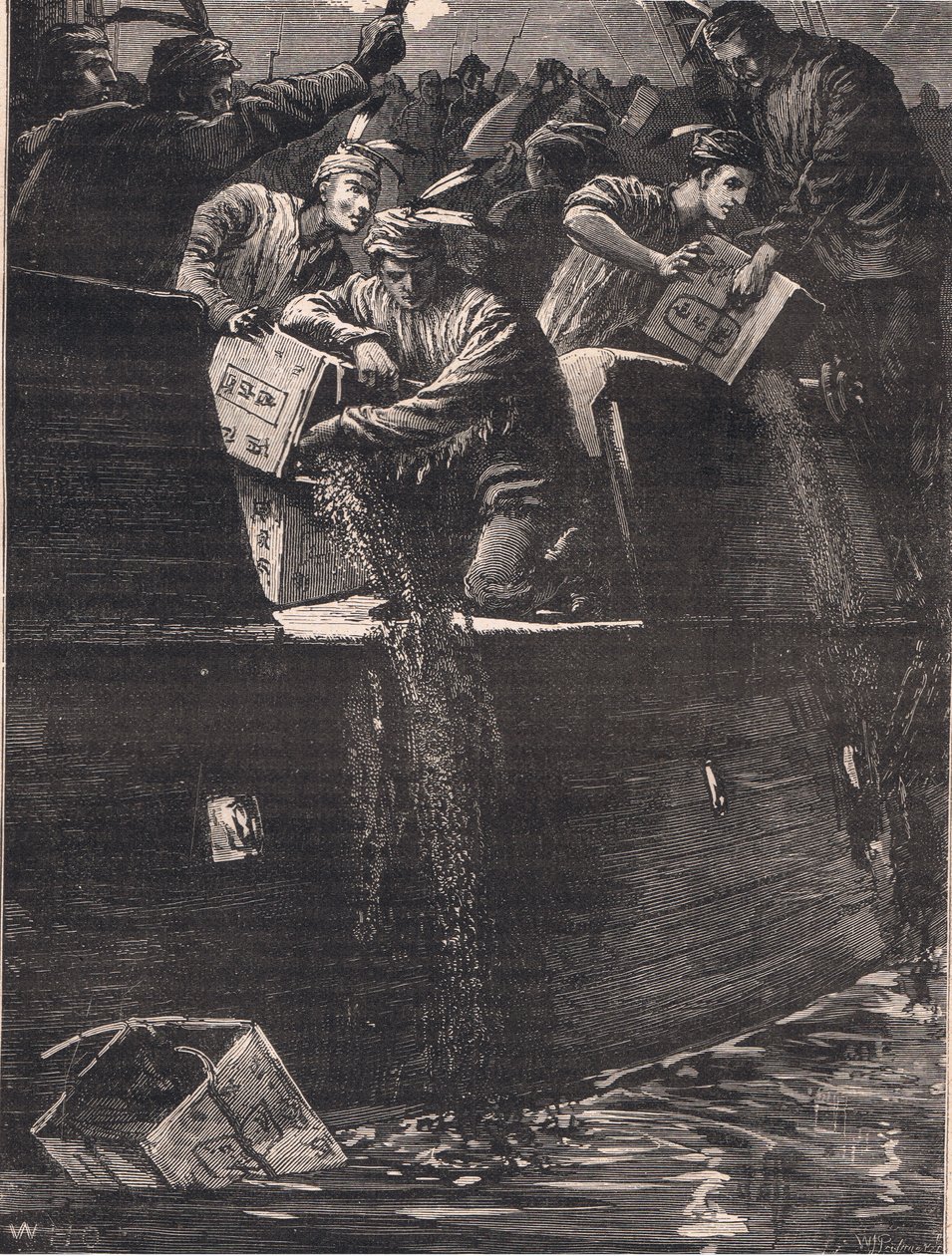 Bostoner Jungen als Indianer verkleidet werfen die Teekisten in den Hafen, 1773 von William Heysham Overend