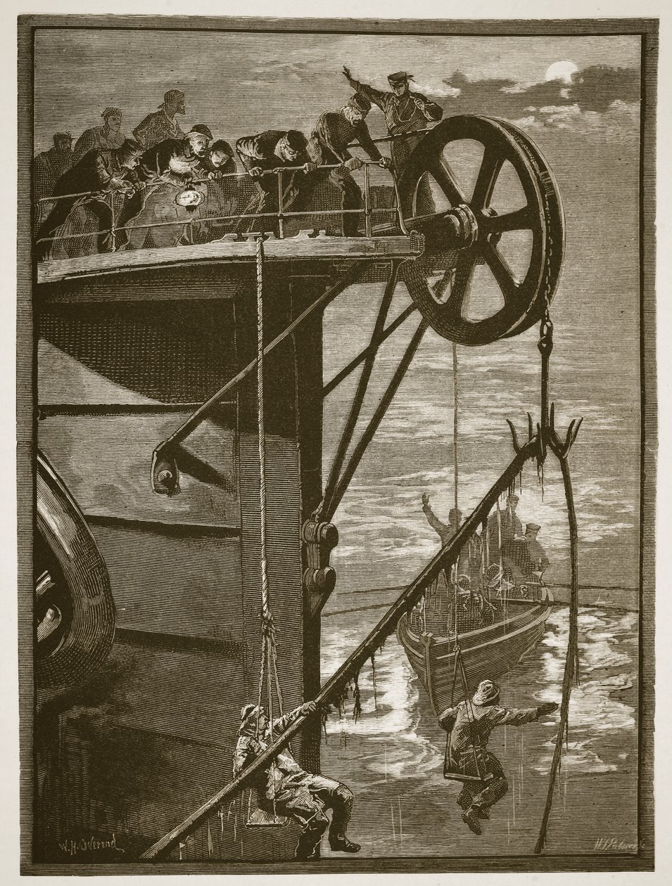 Moderne Wissenschaft: Aufnehmen eines Telegrafenkabels auf See, graviert von W.J. Palmer von William Heysham Overend