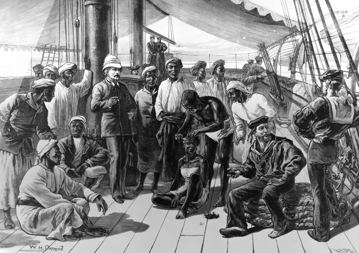 Mr. Stanley und einige seiner afrikanischen Gefolgsleute an Bord der HMS Industry, veröffentlicht in 