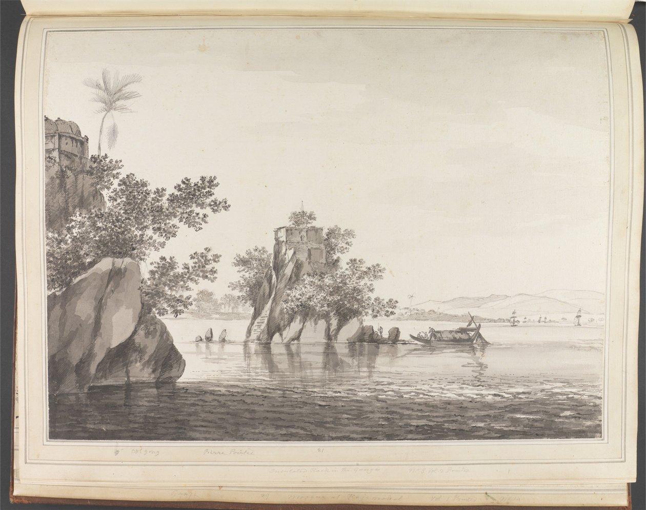 Ansicht eines isolierten Felsens im Ganges bei Jangerah [Jahangira] von William Hodges