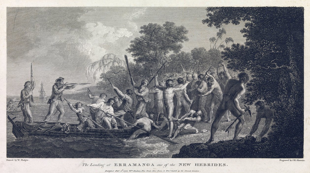 Die Landung in Erramanga (oder Eromanga), eine der Inseln von Vanuatu (ehemals Neue Hebriden, Archipel im Pazifischen Ozean), zeigt die Besatzung eines Kanus im Kampf mit Kriegern der Insel von William Hodges