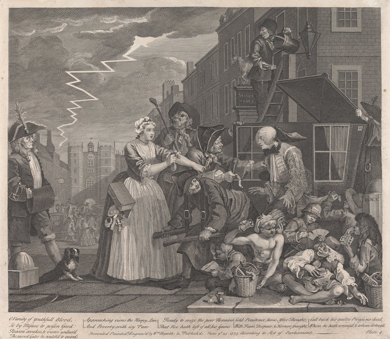 Der Lebenslauf eines Wüstlings, Platte 4: Geht vor Gericht von William Hogarth