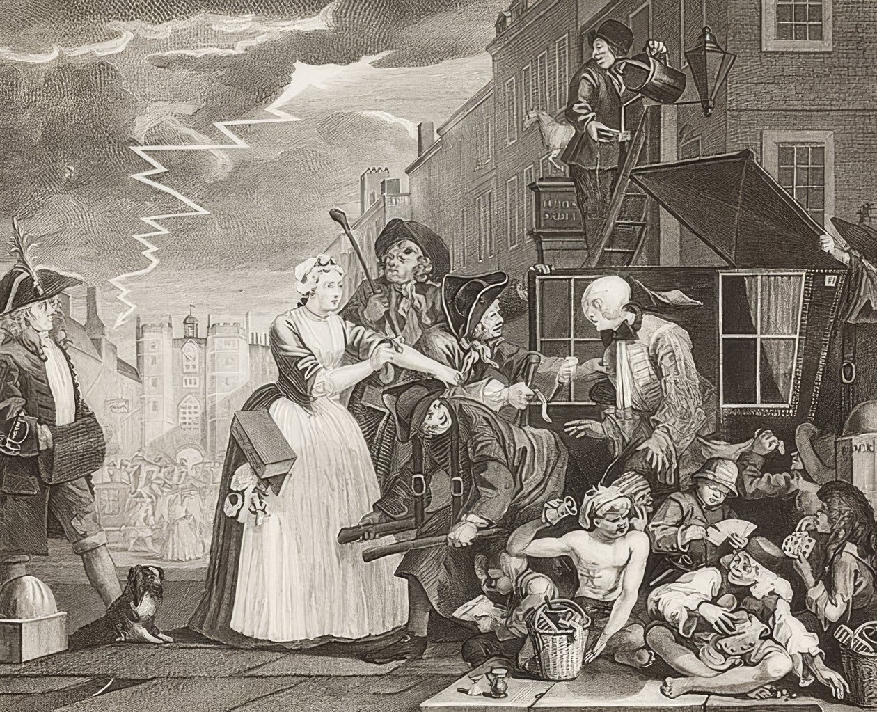 Der Weg eines Liederlichen, Blatt 4: Tom Rakewell verhaftet und gerettet von William Hogarth
