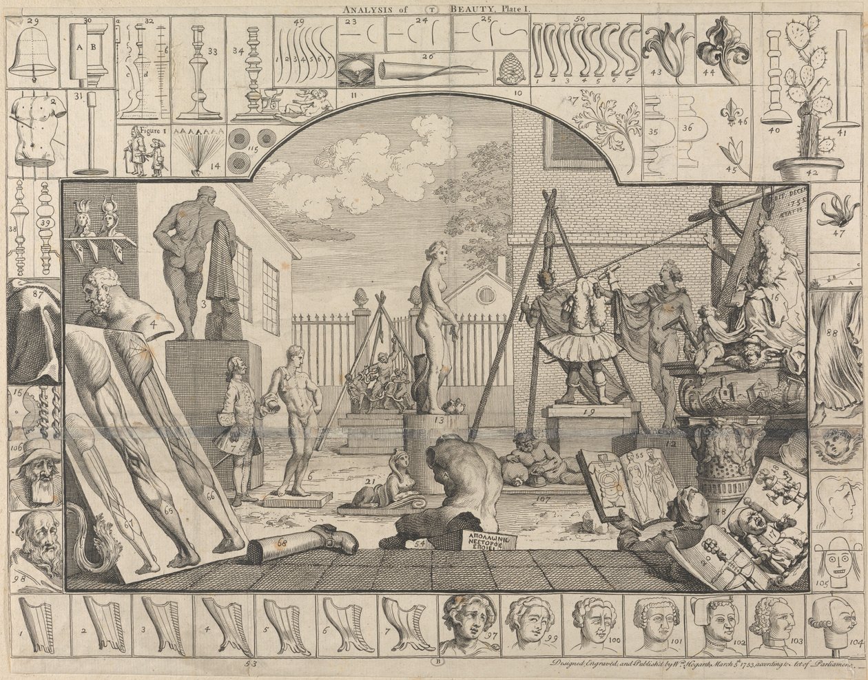 Analyse der Schönheit, Platte I: Ein Bildhauerhof von William Hogarth