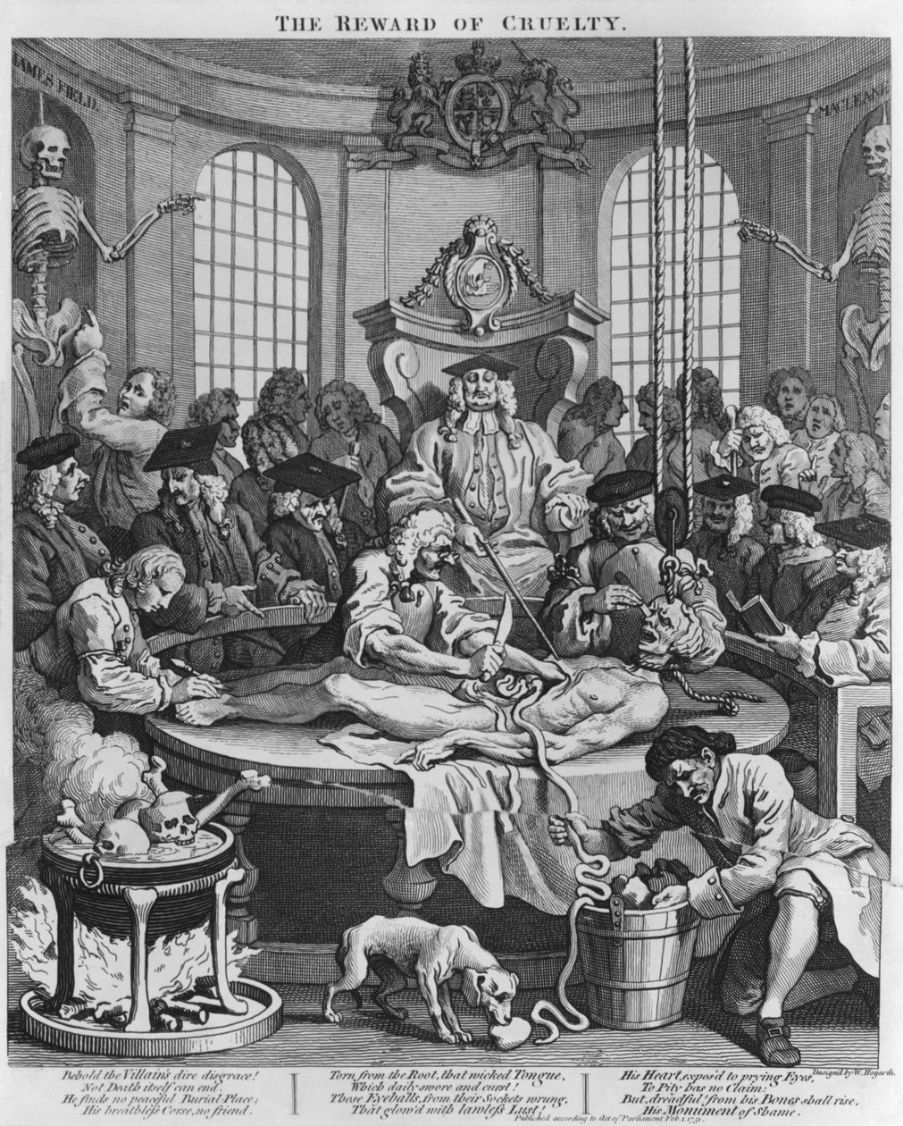Autopsie oder Die Belohnung der Grausamkeit, aus Die vier Stufen der Grausamkeit, 1751 von William Hogarth