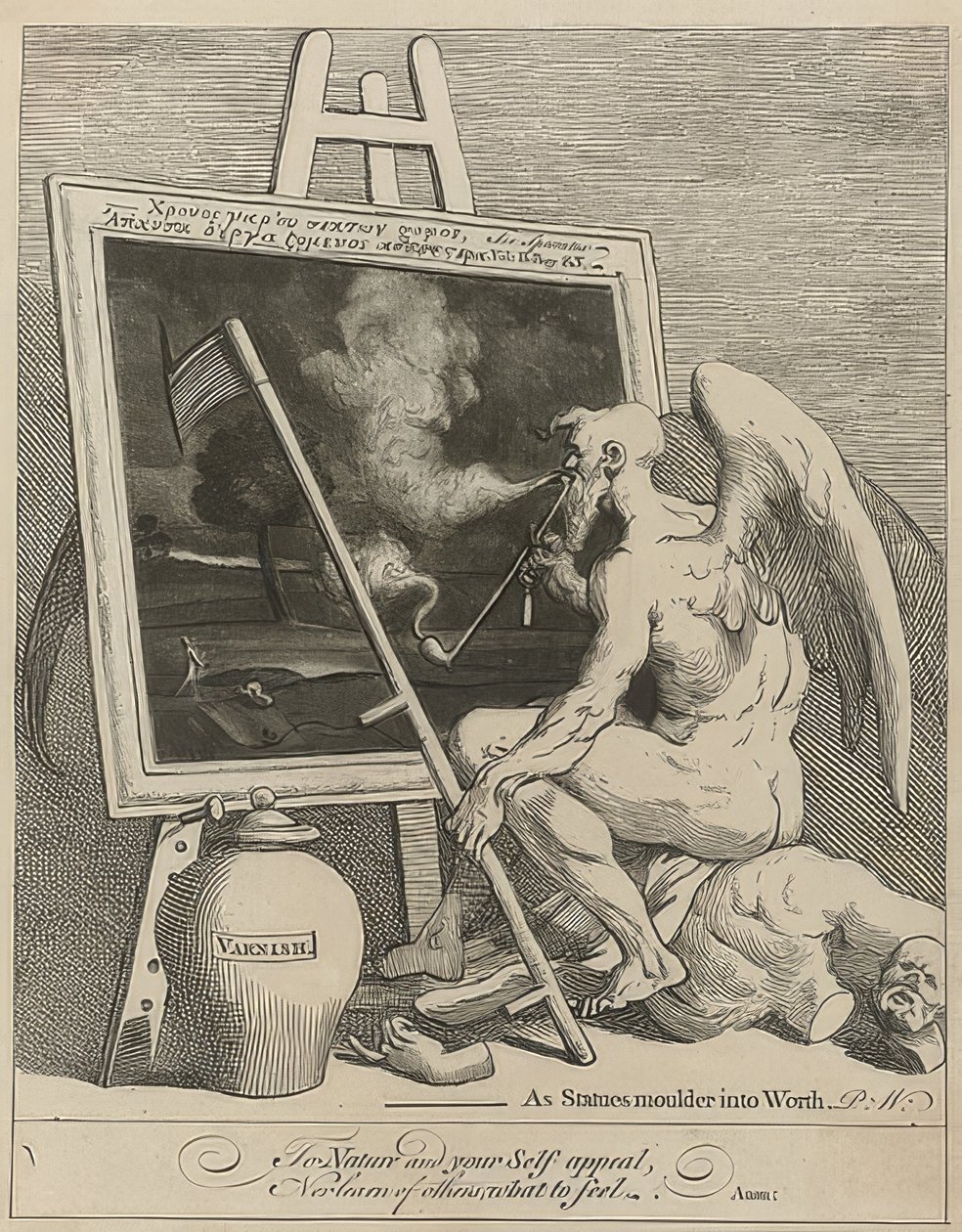 Der Zeitgott raucht ein Gemälde an (Time Smoking a Picture) von William Hogarth