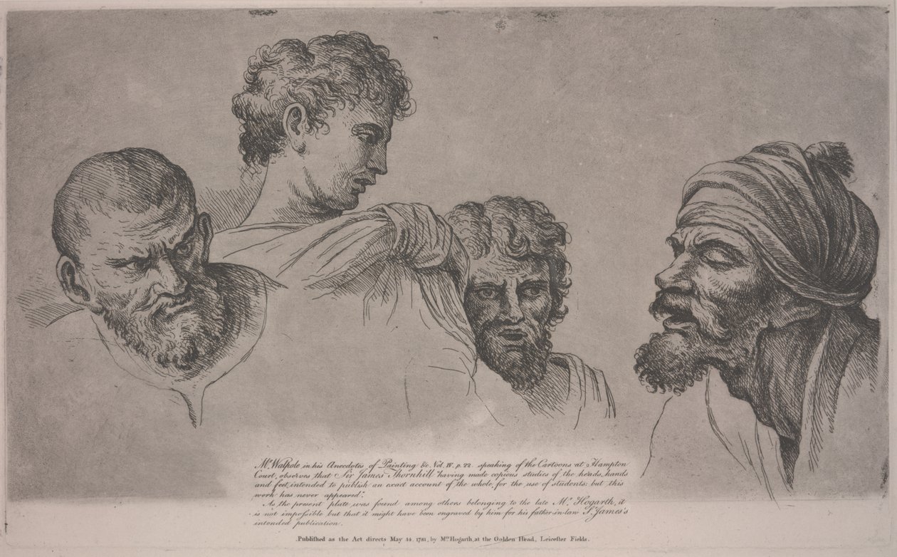 Vier Köpfe aus den Raphael-Kartons in Hampton Court, ca. 1729 von William Hogarth