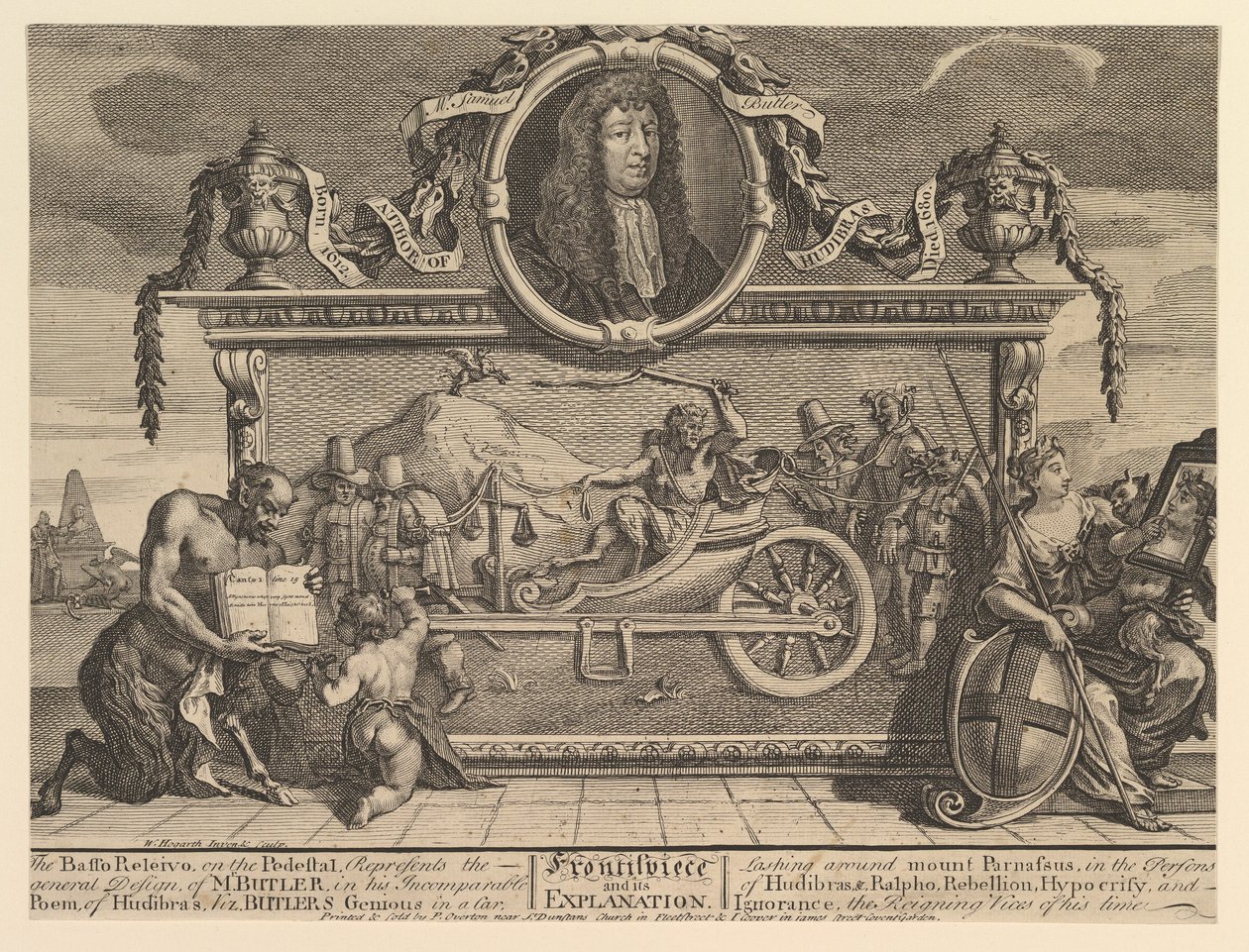 Frontispiz und seine Erklärung: Zwölf große Illustrationen für Samuel Butler von William Hogarth