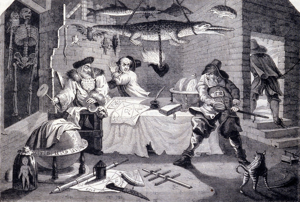 Hudibras greift den Astrologen Sidrophel und seinen Diener Whacum an. Gravur von William Hogarth für das Gedicht „Hudibras“ von Samuel Butler (17. Jahrhundert). Um 1725 von William Hogarth