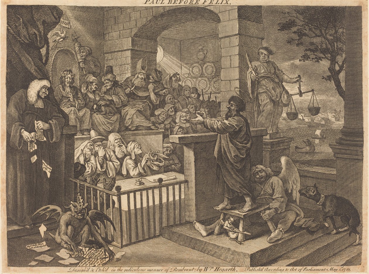 Paul vor Felix burlesk von William Hogarth