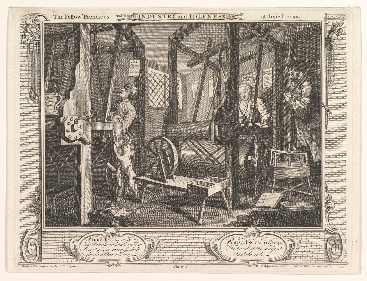 Die fleißigen Lehrlinge an ihren Webstühlen Fleiß und Faulheit, Tafel 1, 30. September 1747 von William Hogarth