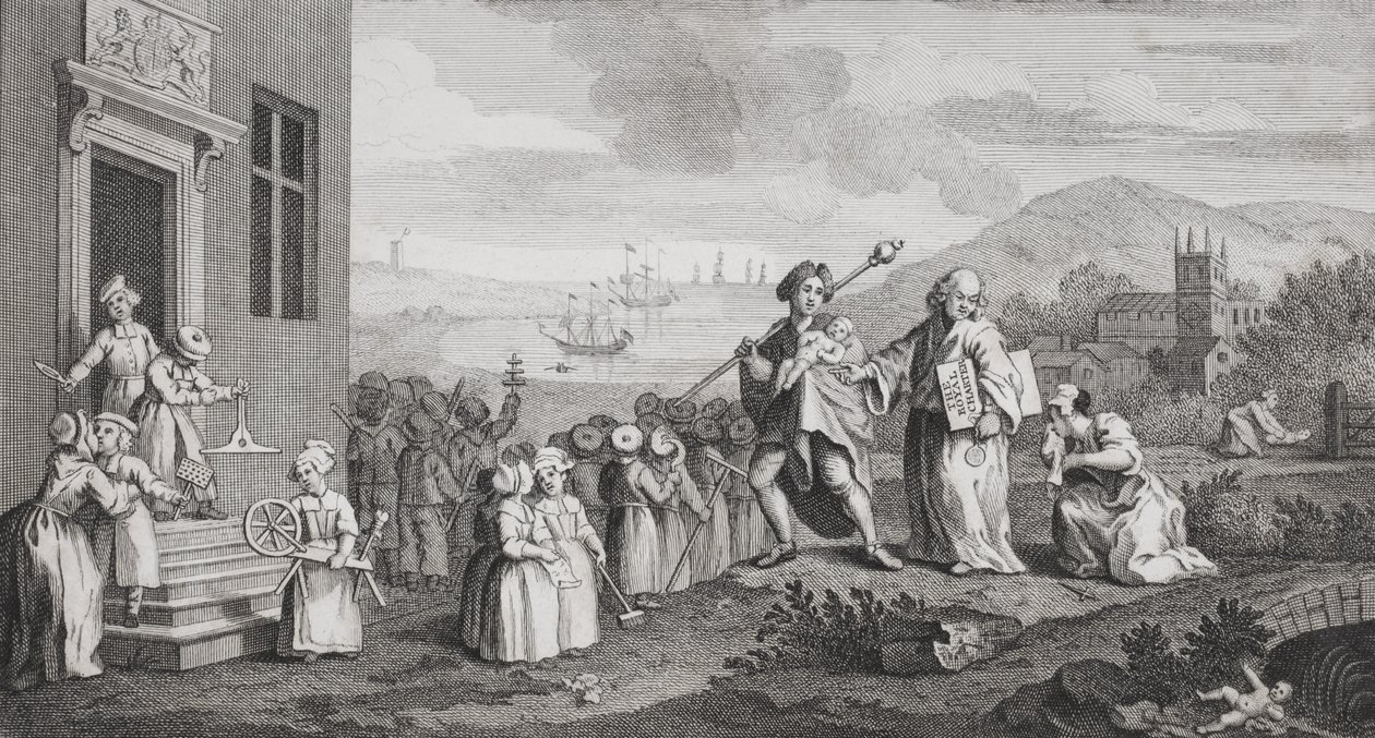 Die Findelkinder, graviert von F. Morellon La Cave von William Hogarth