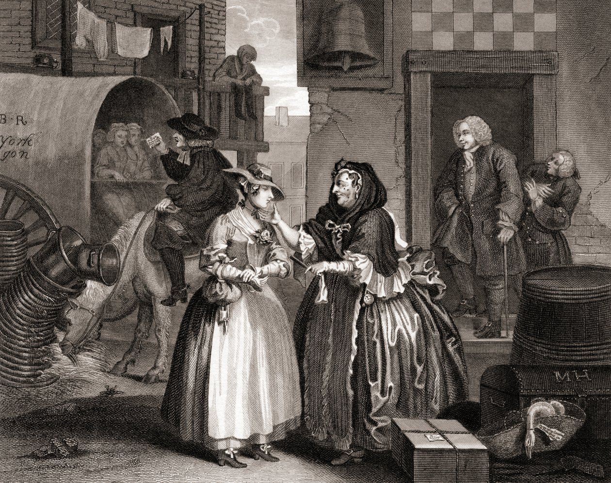 Der Fortschritt der Dirne, verführt von einer Kupplerin, aus Die Werke von Hogarth, veröffentlicht in London 1833 (Kupferstich) von William Hogarth