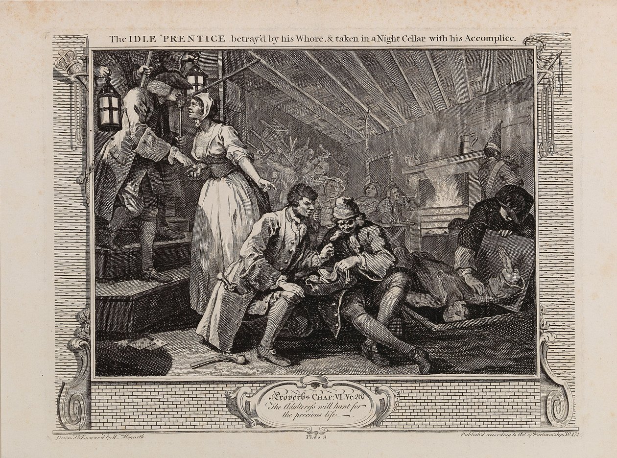 Der faule Lehrling wird von seiner Hure verraten und mit seinem Komplizen in einen Nachtkeller gebracht, 1747 von William Hogarth