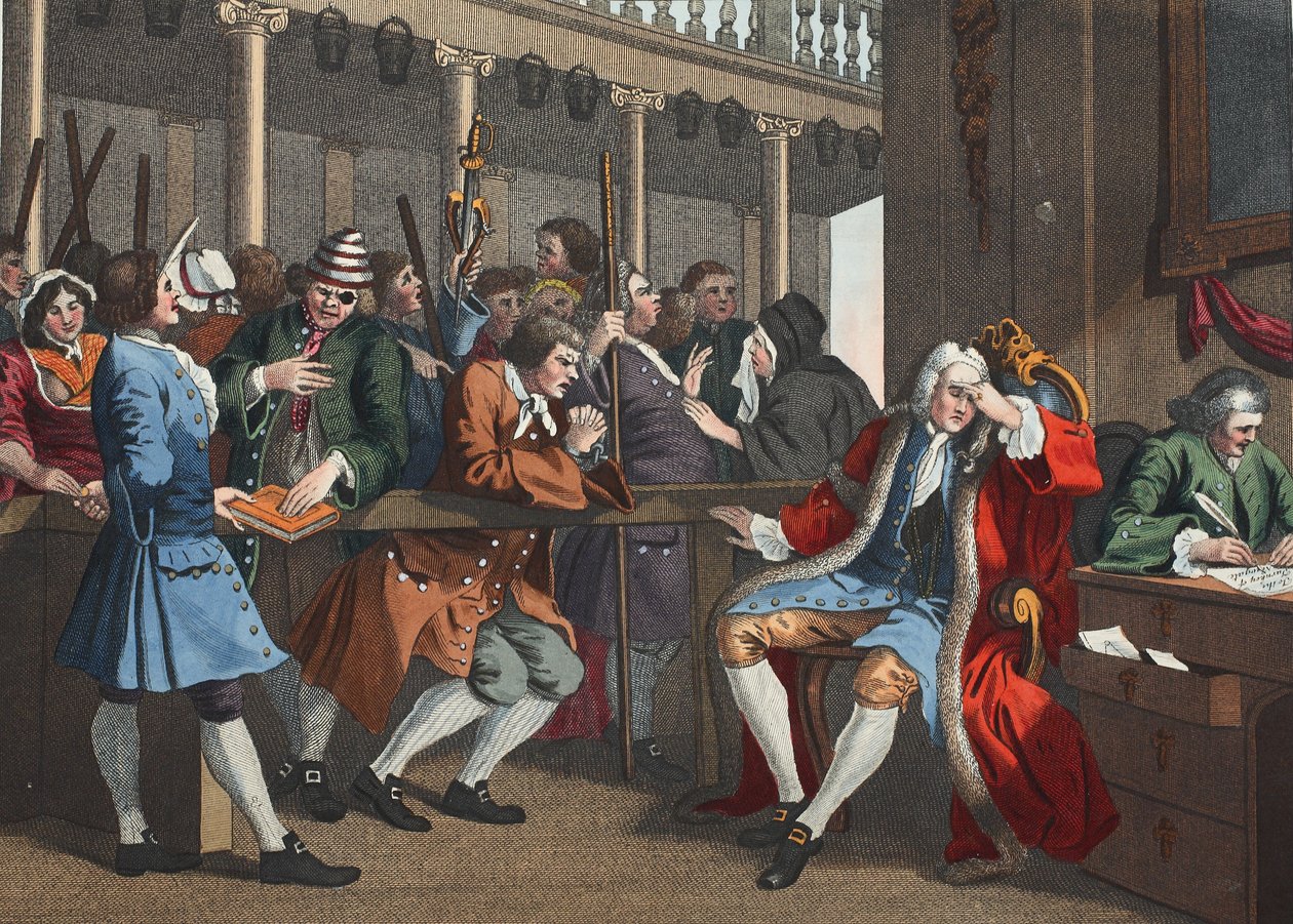 Der fleißige Lehrling, Alderman von London, der faule wird von seinem Komplizen vor ihm angeklagt, Tafel X aus 