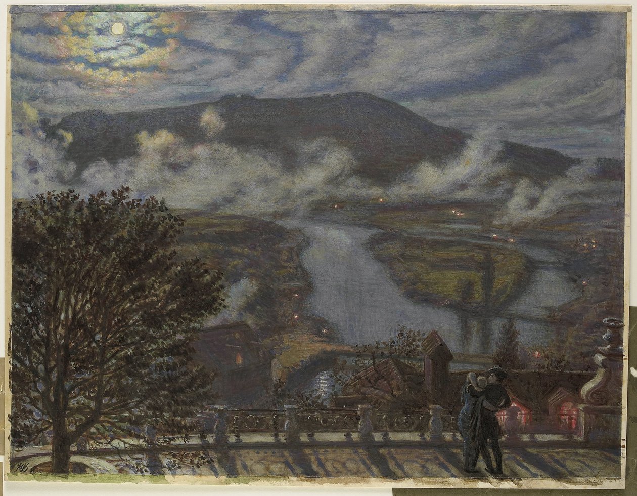 Ansicht von einer Terrasse auf eine Flusslandschaft bei Nacht von William Holman Hunt