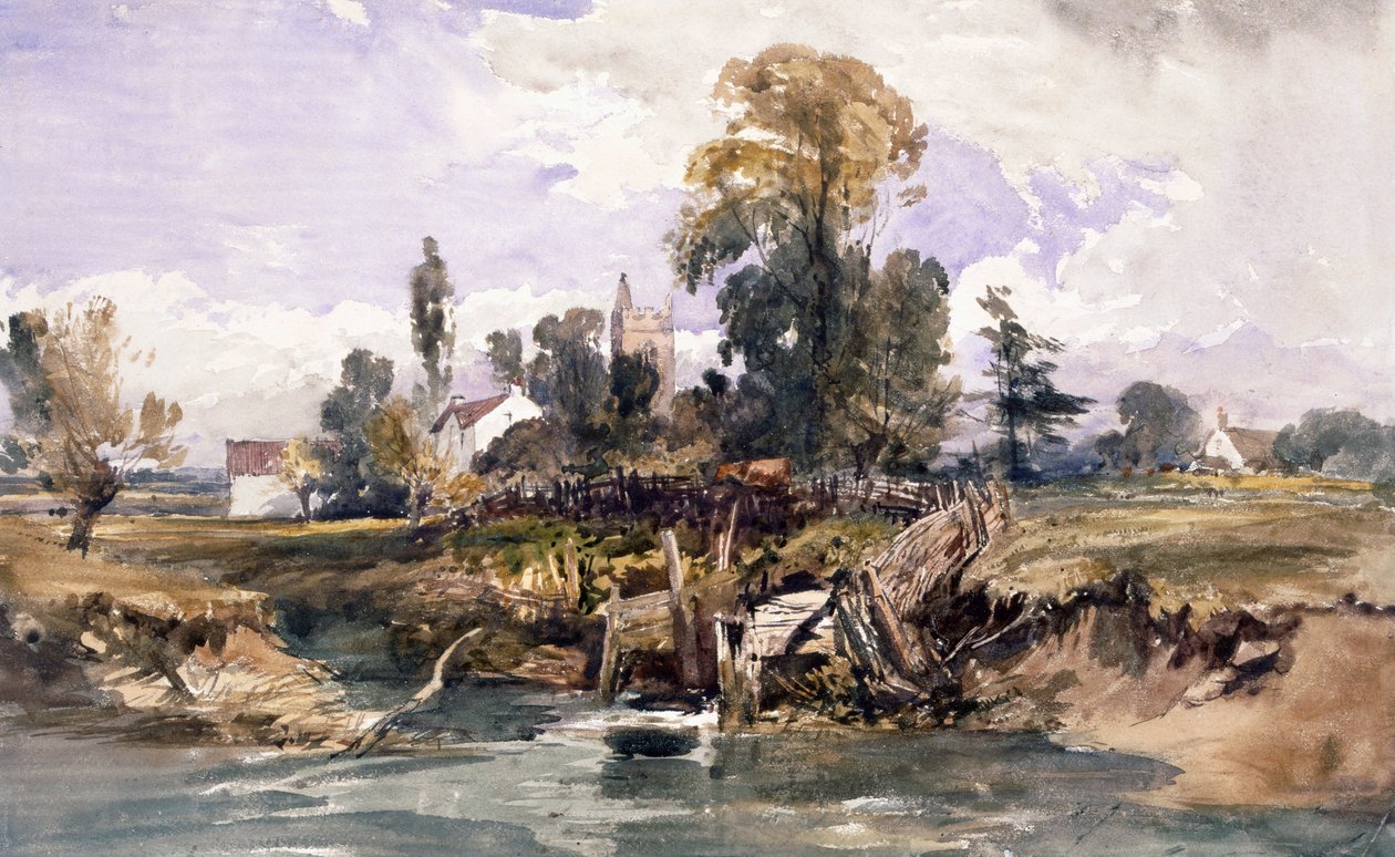 Landschaft mit einer Kirche und einem Haus von William James Muller