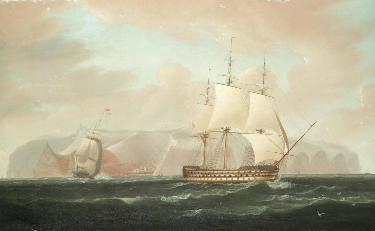 Ein dreideckiges Linienschiff entfernt sich von Jamestown, St. Helena, mit seiner begleitenden Fregatte, die einen Abschiedsgruß abfeuert von William John Huggins