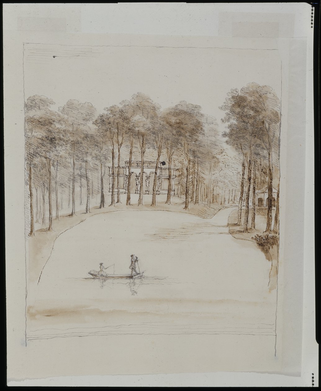 Vogelhaus in Chiswick; Teich mit einem Paar in einem Boot, die Frau angelt (Feder und braune Waschung über Bleistift auf Papier) von William Kent