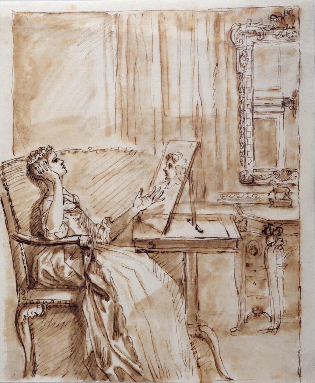 Lady Burlington sitzt in ihrem Gartenraum und bewundert eine alte Meisterzeichnung (?) von William Kent