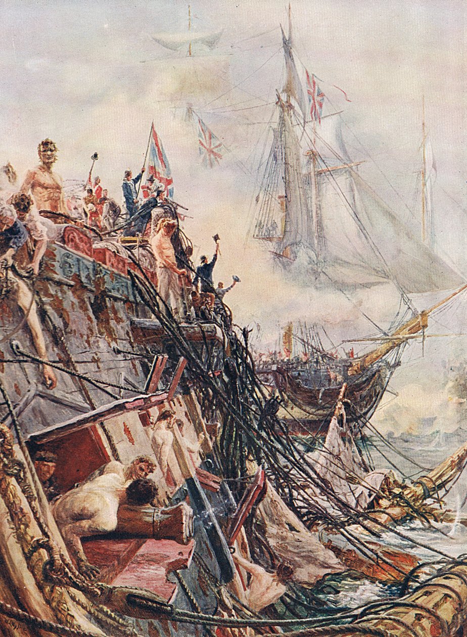 Verkrüppelt aber unbesiegt: die Belleisle bei Trafalgar am 21. Oktober 1805, Illustration aus 