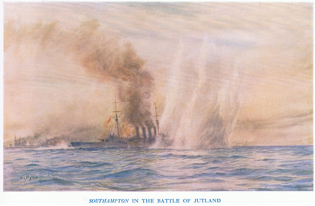 Die Southampton in der Schlacht von Jütland, aus Cassells Geschichte des britischen Volkes veröffentlicht von der Waverley Book Company Limited, ca. 1940 von William Lionel Wyllie