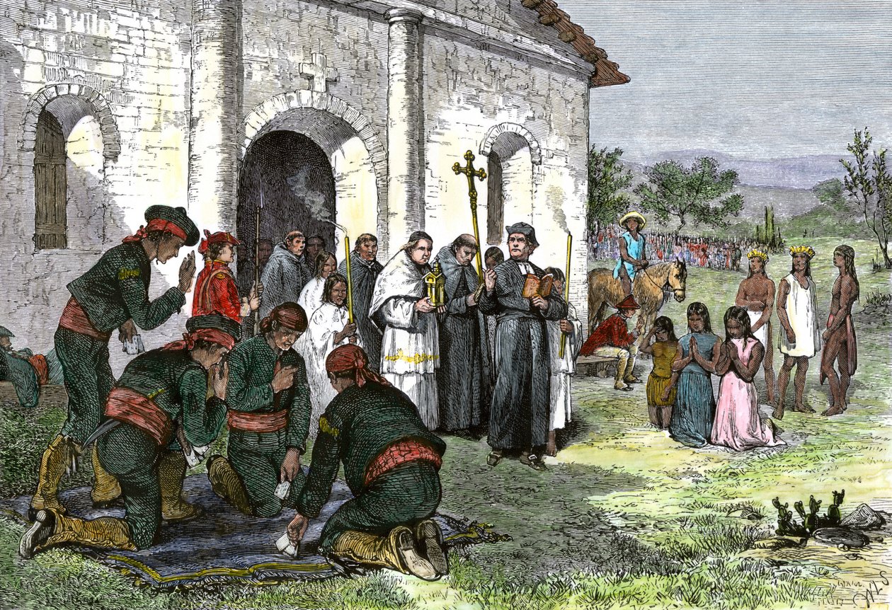 Spanische Mission nach Kalifornien, mit Priestern, Soldaten und amerikanischen Indianern, die vor der Kirche im 18. Jahrhundert beten von William Ludlow (after) Sheppard