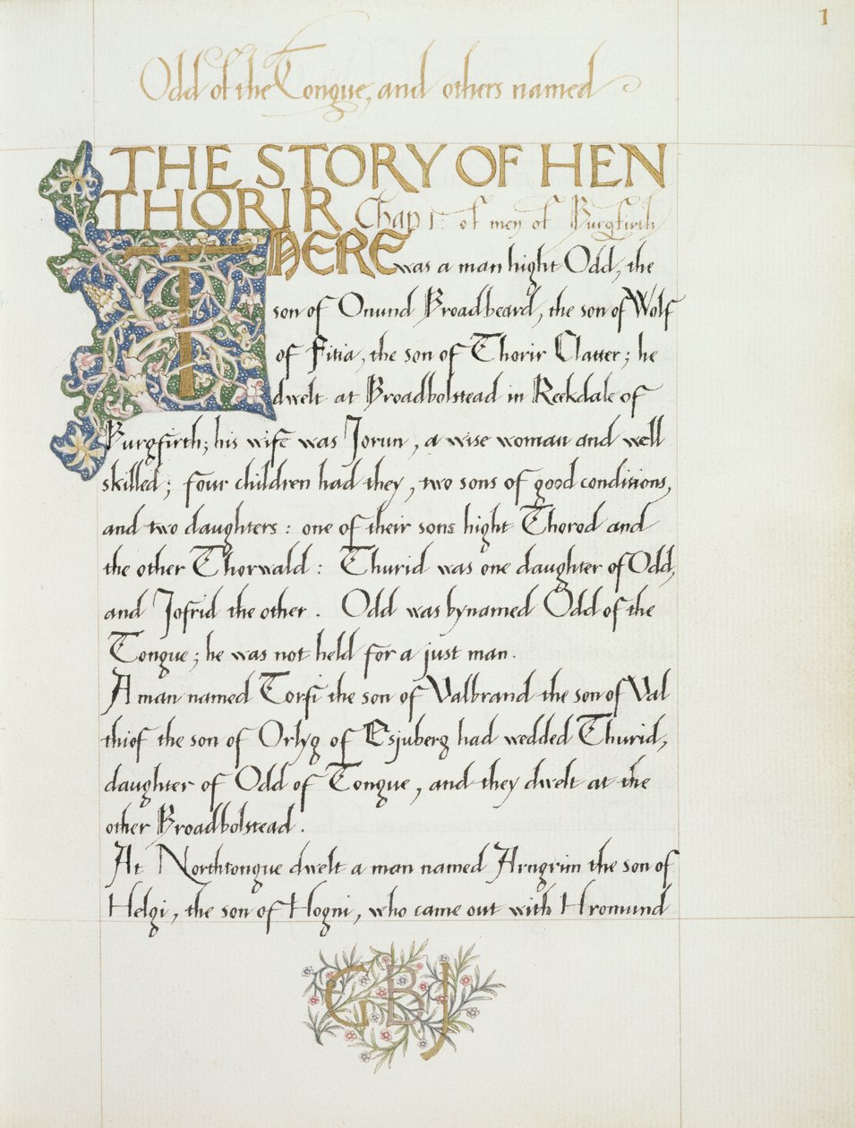 Ms 270* f.1r Die Geschichte von Hen Thorir, ca. 1873-4 von William Morris