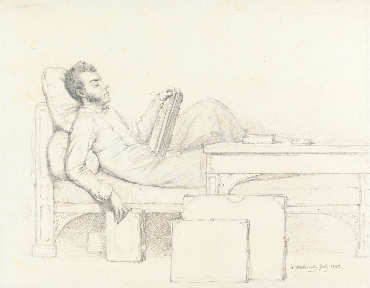 Selbstporträt des Künstlers, auf einer gotischen Couch liegend und ein Buch lesend von William Mulready