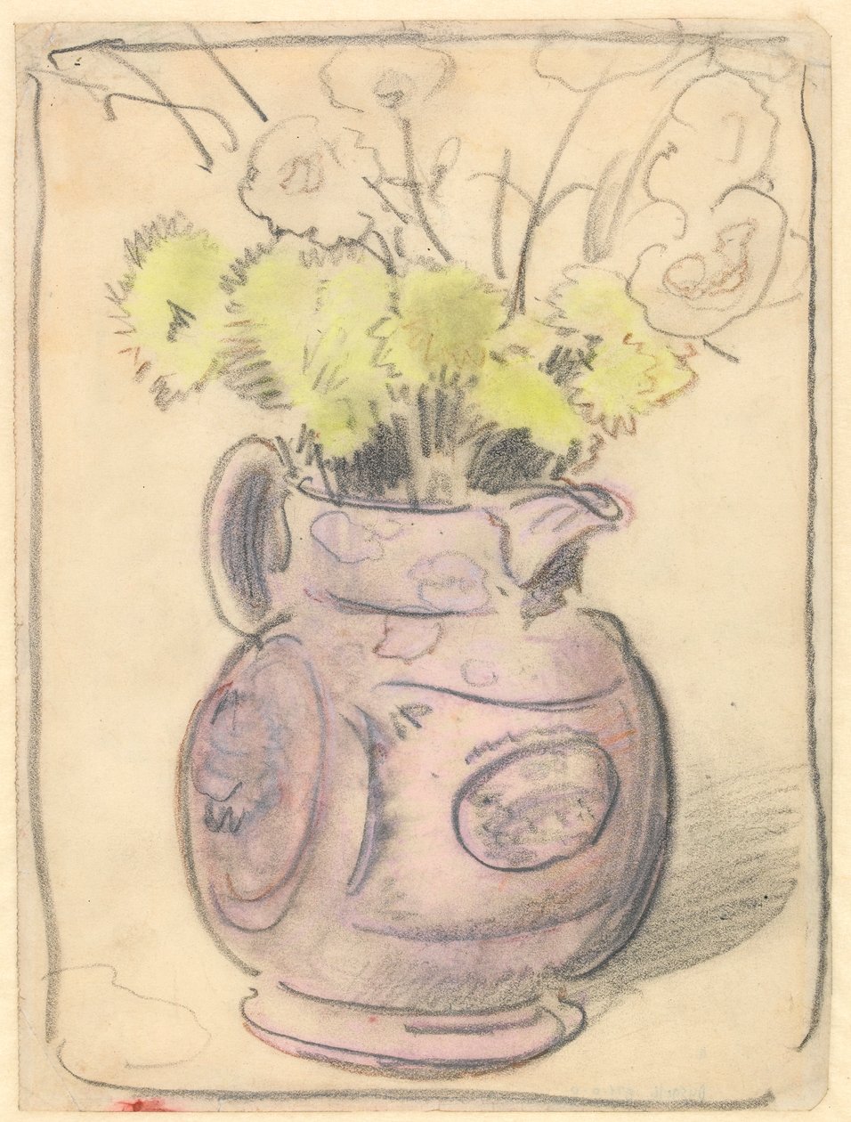 Blumenvase: gelbe Chrysanthemen in einem Glanzkrug von William Nicholson