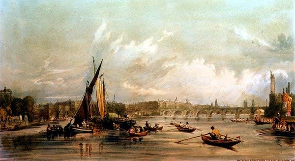 Waterloo Bridge von Westen mit einem Bootsrennen (Lithografie) von William Parrott