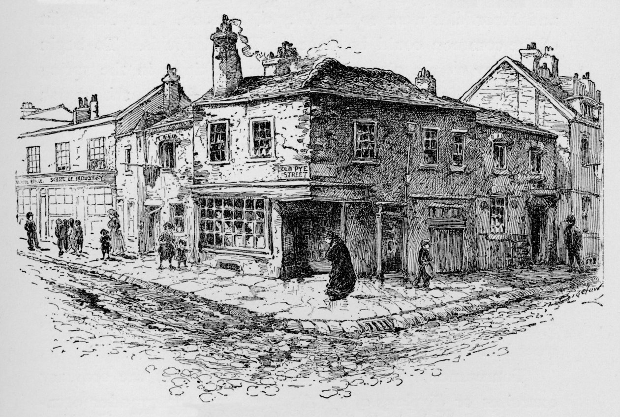 Old Pye Street und die Armenschule, um 1897 von William Patten