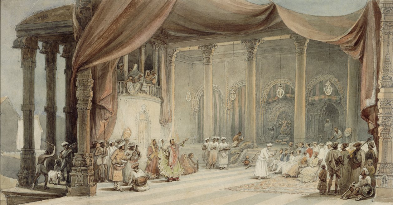 Europäer werden von Tänzern und Musikern in einem prächtigen indischen Haus in Kalkutta während der Durga Puja unterhalten von William Princep