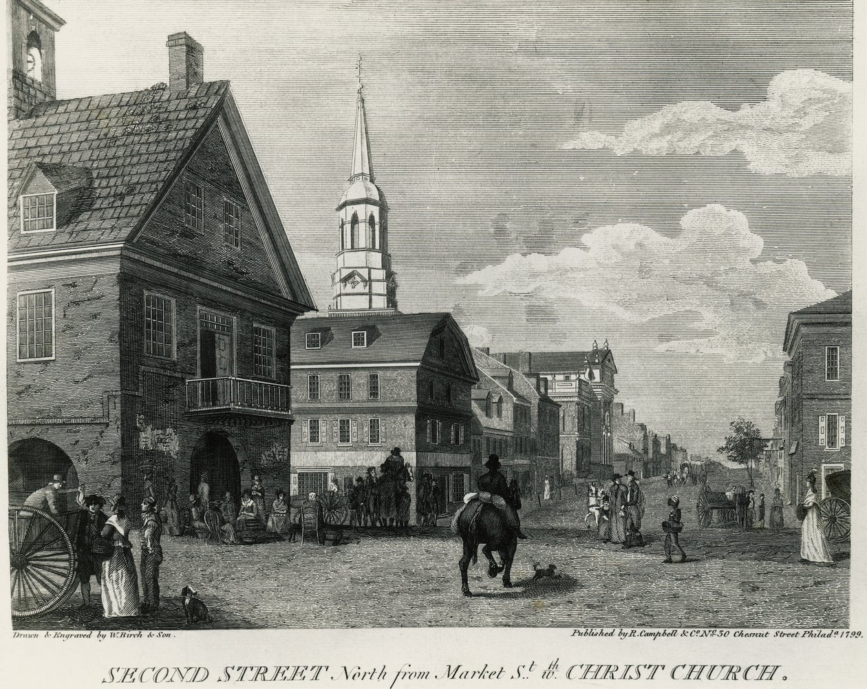 Second Street North von Market Street und Christ Church, Philadelphia, Zeichnung von William Russell Birch (1755-1834), gedruckt von R Campbell, Vereinigte Staaten von Amerika von William Russell Birch