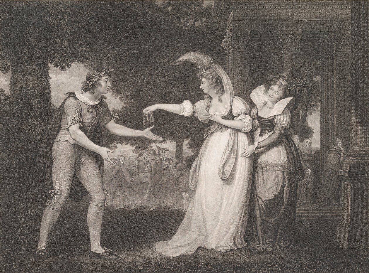 Vor dem Palast des Herzogs - Rosalind, Celia, Orlando, der Herzog von William Satchwell Leney