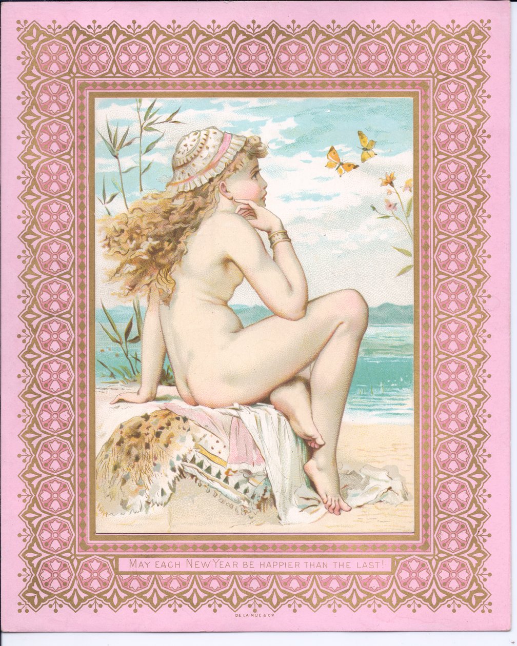 Viktorianische Neujahrskarte von einer badenden Schönheit am Strand, ca. 1881 von William Stephen Coleman