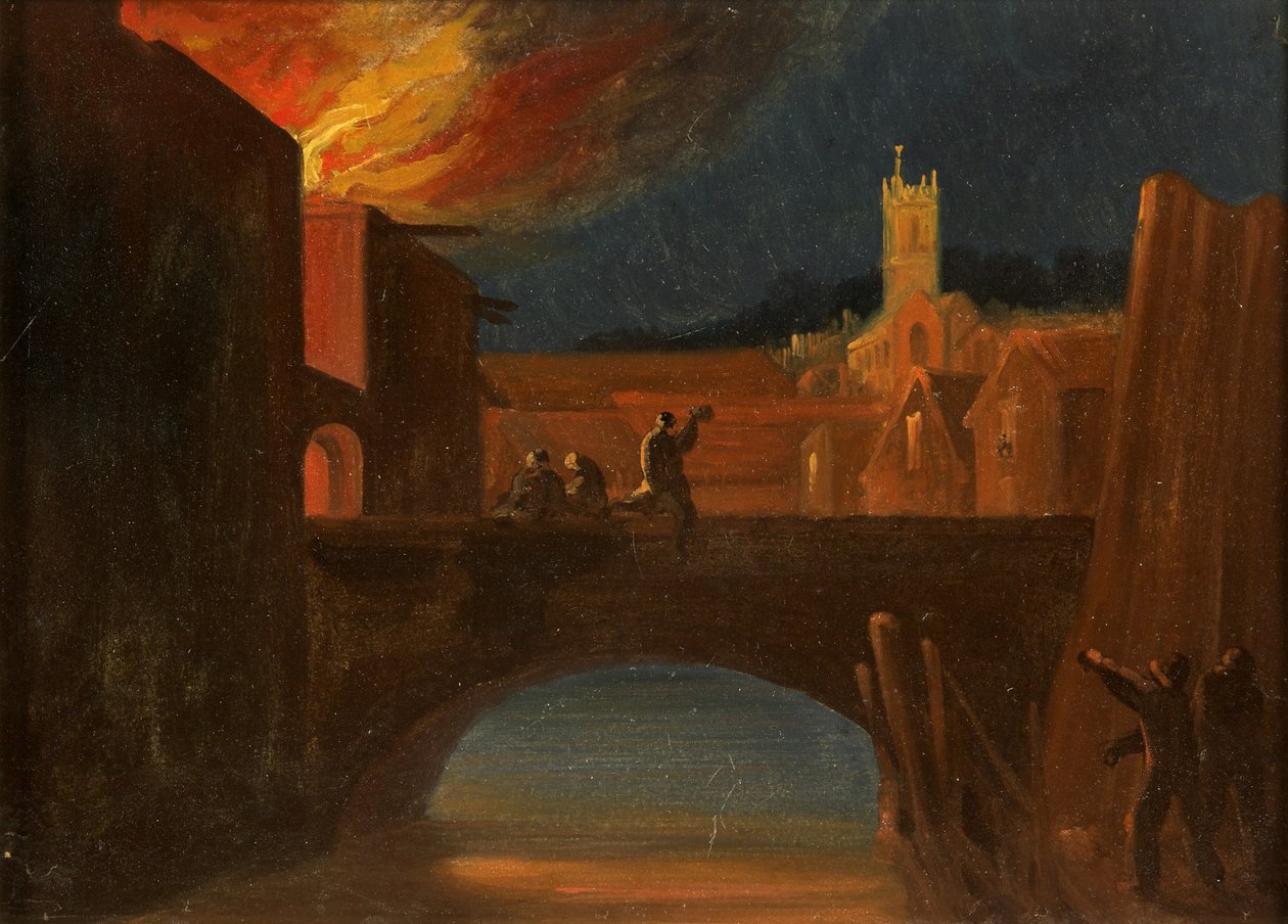Bristol-Unruhen: Das Brennen von Bridewell, mit der St.-Michaels-Kirche, Bridewell-Brücke, ca. 1831 von William W. Wheatley