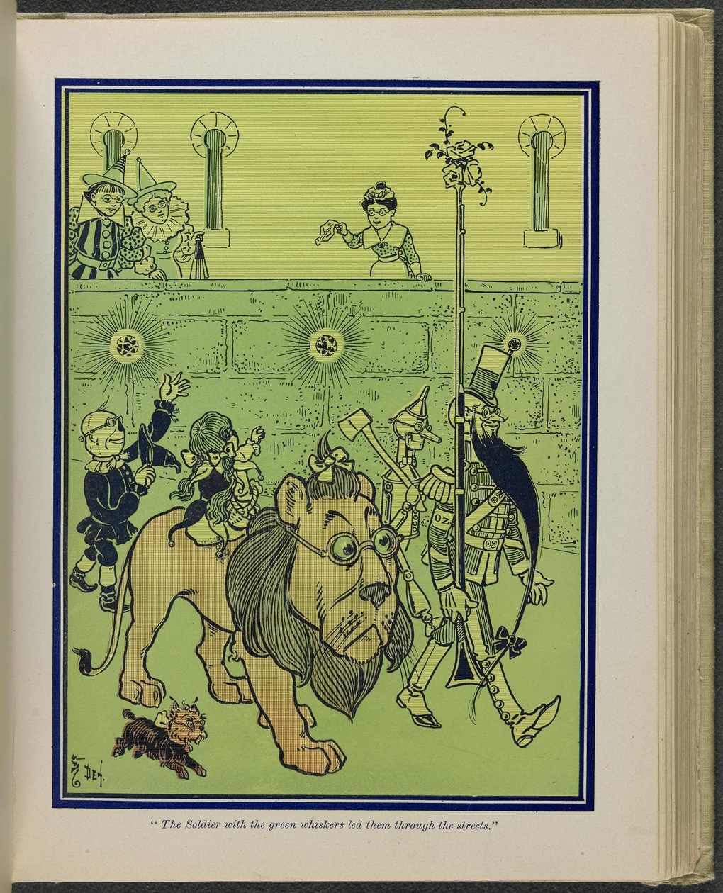 "Der Soldat mit den grünen Schnurrhaaren führte sie durch die Straßen", Illustration aus "Der wunderbare Zauberer von Oz" von Lyman Frank Baum von William Wallace Denslow