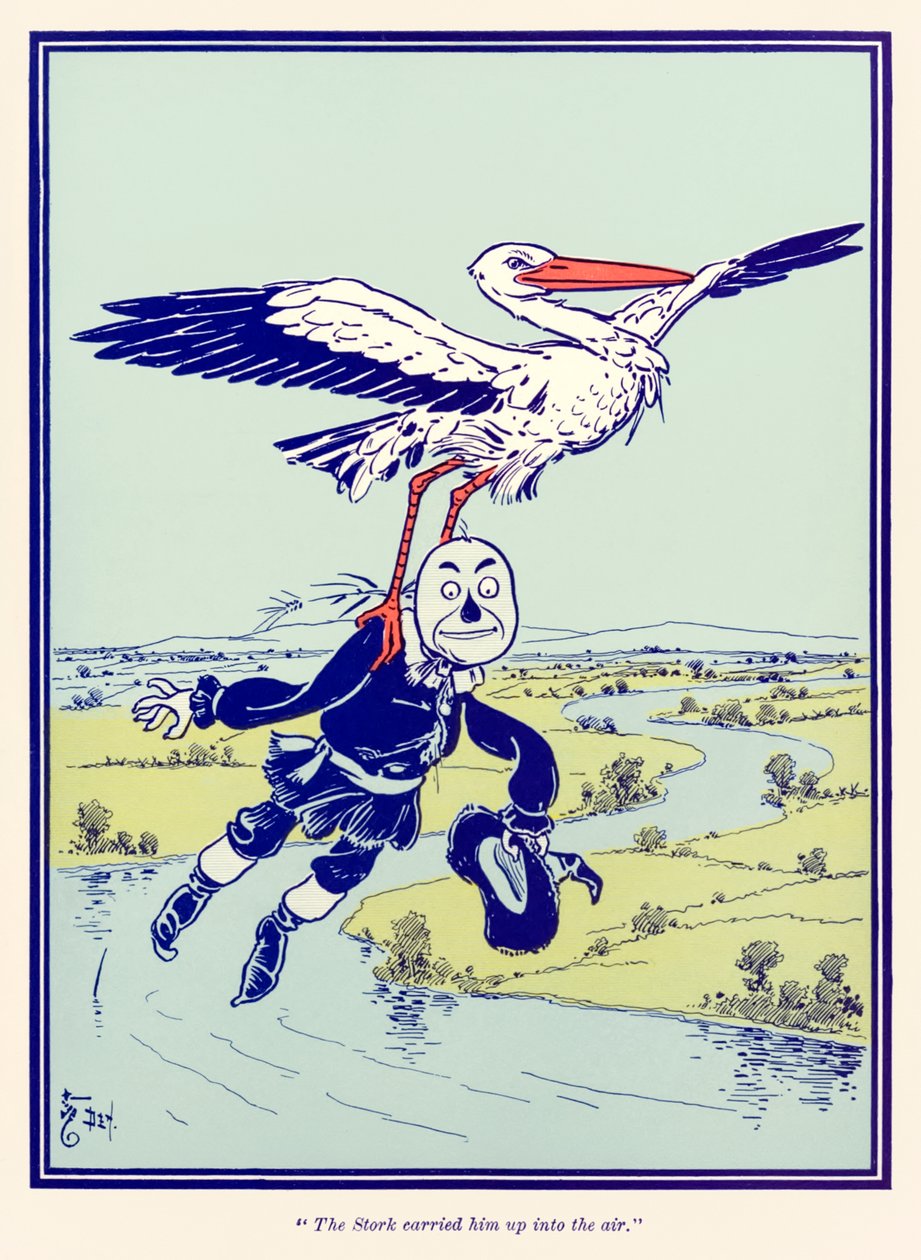„Der Storch trug ihn in die Luft.“ aus „Der Zauberer von Oz“ von L. Frank Baum von William Wallace Denslow