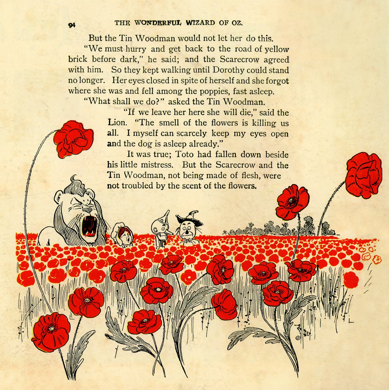 Der Zauberer von Oz - Kapitel VIII: Das tödliche Mohnfeld - Illustration von Denslow, William Wallace, erste Ausgabe 1900 von Frank Baums Buch - Dorothee und der gefürchtete Löwe von William Wallace Denslow