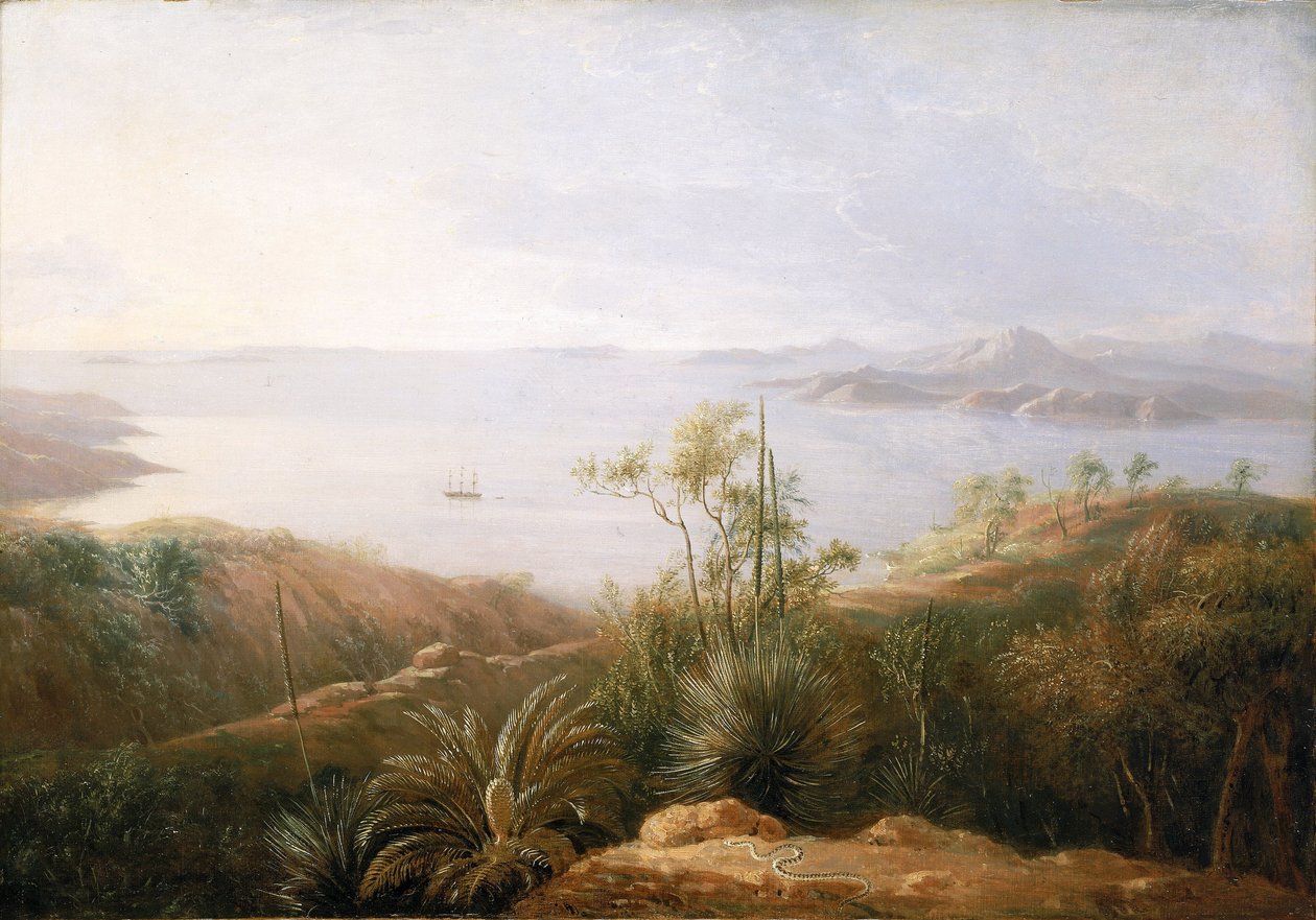 Eine Bucht an der Südküste von New Holland (Australien), Januar 1802, während der Expedition von Matthew Flinders (1774-1814) auf der Investigator zwischen 1801 und 1803, um die südlichen Länder zu kartieren, der Maler war Teil der Expedition von William Westall